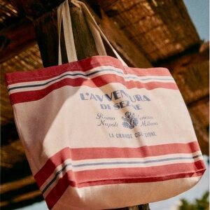 Sezane Striped Canvas Tote Bag in Cream and Red